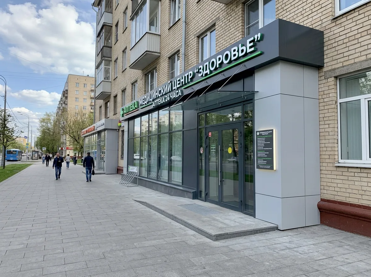 Новая входная группа коммерческого помещения на Мичуринском проспекте после согласованного устройства проёма в стене, архитектурное оформление фасада